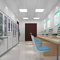 Public Office Space Featuring Long Desks Computers Blue Chairs Posters Windows And Green Plants