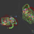 Colorful Playground With Green Red Spherical Structures Slides And Multi Level Wooden Platforms