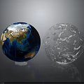 Blue Earth Globe And Transparent Crystal Sphere With Land Ocean Details On Dark Reflective Background