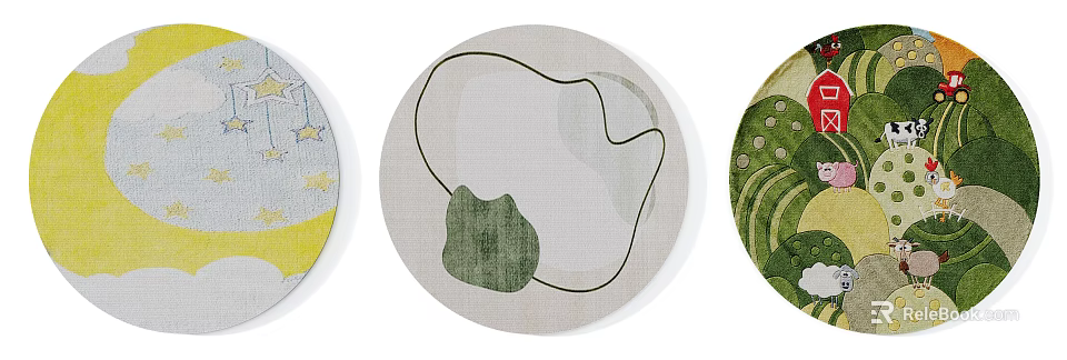 Decorative Round Rugs With Abstract Green Pattern Black Lines And Beige Background 3d model