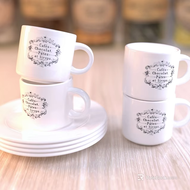 White Ceramic Tableware Set With Stacked Mugs Plates And Decorative Text 3d model 