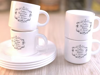 White Ceramic Tableware Set With Stacked Mugs Plates And Decorative Text 3d model
