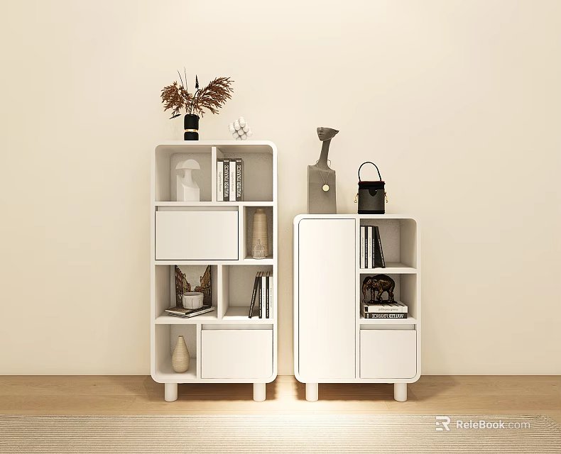 Modern White Shelving Units In Living Room With Decorative Vases Books And Ornaments 3d model 