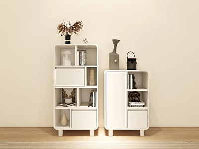 Modern White Shelving Units In Living Room With Decorative Vases Books And Ornaments 3d model