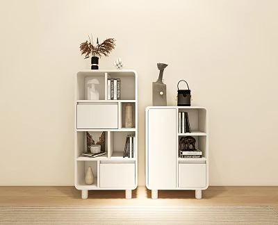 Modern White Shelving Units In Living Room With Decorative Vases Books And Ornaments 3d model