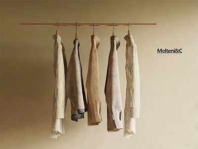 Neutral Toned Striped Clothes Hanging on Wooden Rack for Fashion 3d model