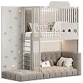 Children's Bunk Bed With Light Blue Gray Ladder Safety Railing Soft Mattress And Wall Decorations