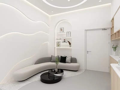 Modern Meeting Room Interior With White Walls Curved Sofa Open Shelves And Green Plant 3d model