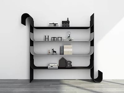 Modern Black Shelving Unit With Multiple Shelves And Decorative Items In Minimalist Interior 3d model