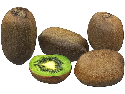 Fresh Ripe Kiwi Fruits With Brown Skin And Sliced Green Flesh Showing Black Seeds 3d model