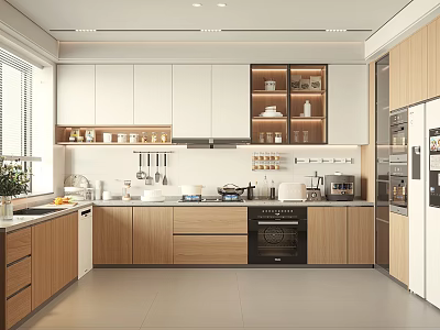 Modern Kitchen Interior Design With White Wooden Cabinets Stone Countertops And Built In Appliances 3d model