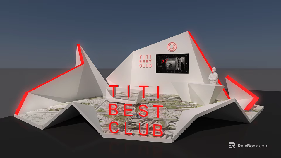 TITI BEST CLUB Exhibition Booth Featuring Geometric White Red Design And Display Screen 3d model 