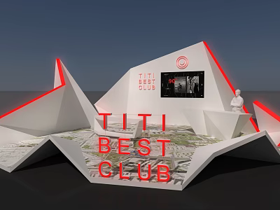 TITI BEST CLUB Exhibition Booth Featuring Geometric White Red Design And Display Screen 3d model