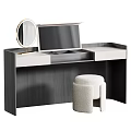 Modern Wooden Dressing Table with Open Drawer Round Mirror and Plush Stool