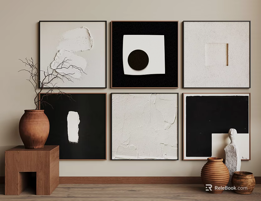 Minimalist Abstract Paintings Wall Decor With Clay Pots Twigs And Sculpture Accents 3d model 