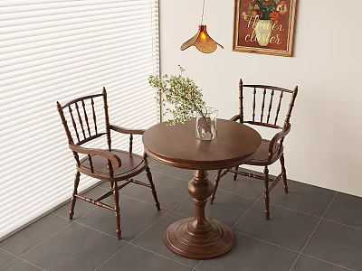 Wooden Round Tea Table with Two Chairs Vase Green Plants Window Blinds and Decorative Art 3d model