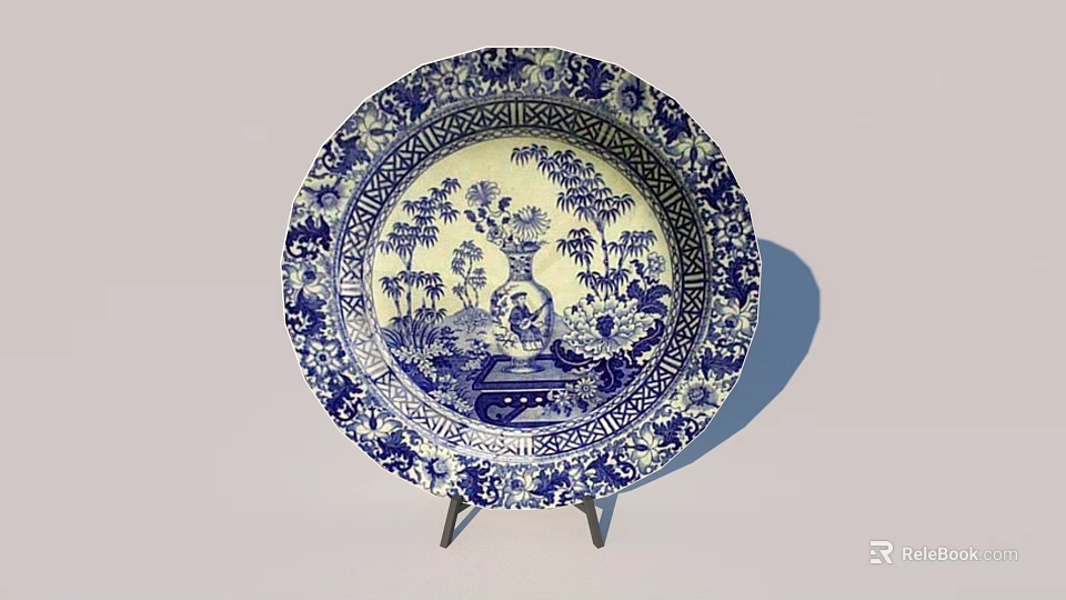 Traditional Blue And White Ceramic Plate With Bamboo Vase Table Patterns On Display Stand 3d model