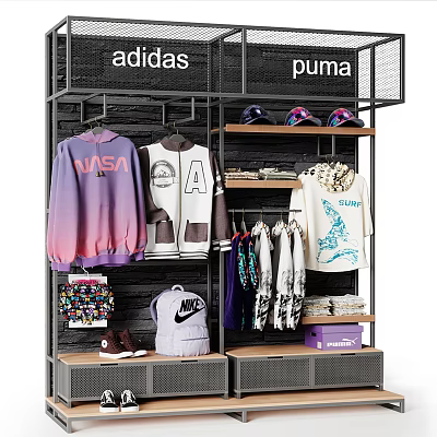 Sports Themed Clothing Store Featuring Adidas Puma Hoodies Jackets Caps And Nike Backpacks 3d model