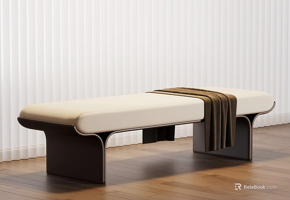 Modern Bed Bench With Light Colored Cushion Dark Frame And Blanket On Wooden Floor 3d model 