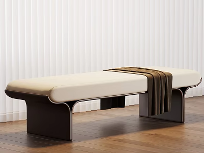 Modern Bed Bench With Light Colored Cushion Dark Frame And Blanket On Wooden Floor 3d model