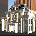 Elegant European Style Detached Villa with White Exterior Blue Roof Classic Columns in Urban Background