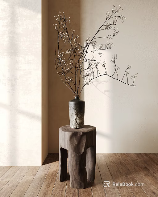 Vase With White Blossom Branches On Wooden Stump Light Colored Wall And Wooden Floor 3d model 