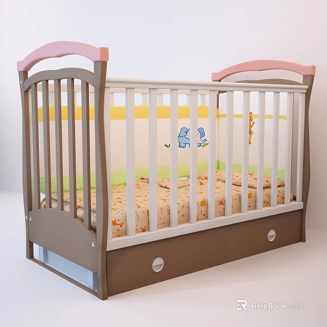 Adorable Baby Crib With Pink Headboard White Rails Brown Frame Patterned Mattress And Animal Decals 3d model 