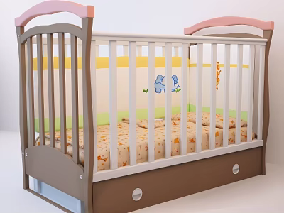 Adorable Baby Crib With Pink Headboard White Rails Brown Frame Patterned Mattress And Animal Decals 3d model