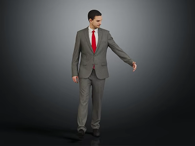 A Man In Gray Suit With Red Tie Extending Arm Against Dark Background 3d model
