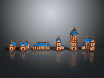 Miniature Houses In Various Styles With Blue Roofs Orange Exteriors Cottages Towers And Reflections 3d model