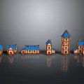 Miniature Houses In Various Styles With Blue Roofs Orange Exteriors Cottages Towers And Reflections