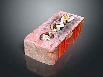 Simple Red Brick Ashtray with Cigarette Butts on Dark Background 3d model