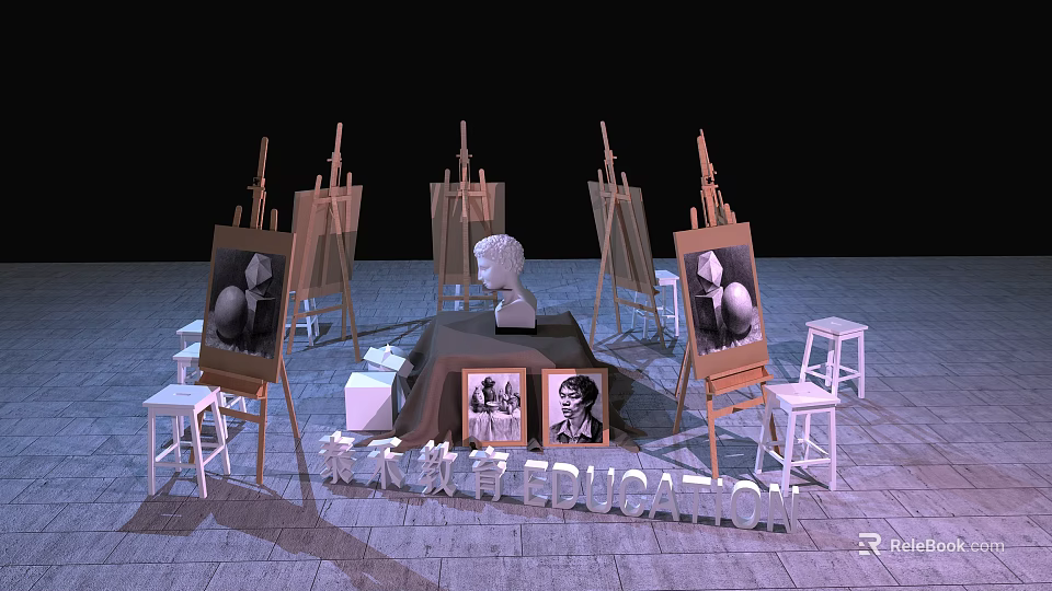 Creative Musical Instruments and Art Supplies with Easels Sculptures Canvases and Stools 3d model 