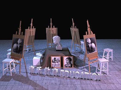 Creative Musical Instruments and Art Supplies with Easels Sculptures Canvases and Stools 3d model