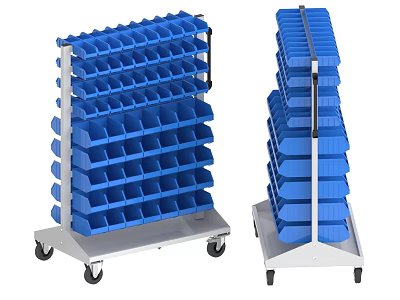 Mobile Shelving Unit with Blue Storage Bins Multiple Tiers Metal Frame on Wheels 3d model