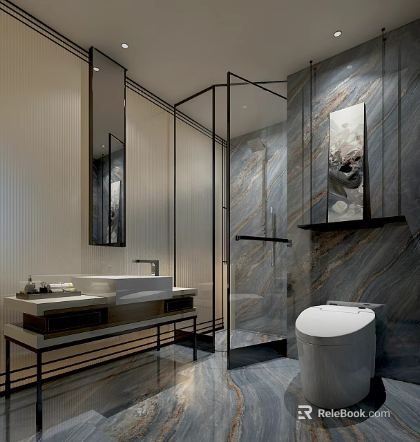 Elegant Modern Luxury Bathroom Interior With Natural Marble Wall Glass Shower Enclosure And Smart Toilet 3d model 
