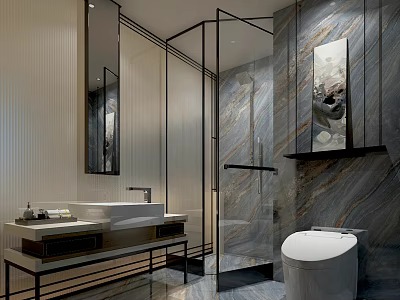 Elegant Modern Luxury Bathroom Interior With Natural Marble Wall Glass Shower Enclosure And Smart Toilet 3d model
