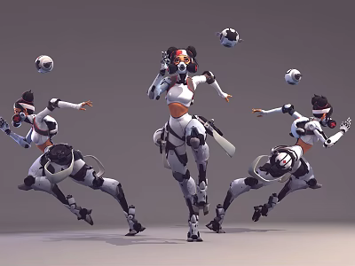 Futuristic Female Game Movie Character Design With Dynamic Action Poses And Floating Spheres 3d model