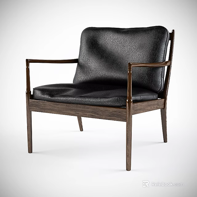 Modern Leisure Chair with Black Leather Upholstery and Wooden Armrests for Contemporary Living Space 3d model 