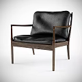 Modern Leisure Chair with Black Leather Upholstery and Wooden Armrests for Contemporary Living Space