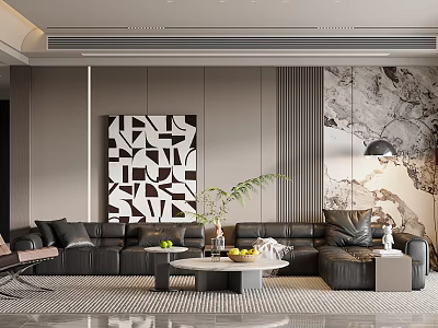 Modern Living Dining Area Interior Featuring Black Leather Sofa Geometric Artwork And Marble Accent Wall 3d model