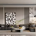 Modern Living Dining Area Interior Featuring Black Leather Sofa Geometric Artwork And Marble Accent Wall