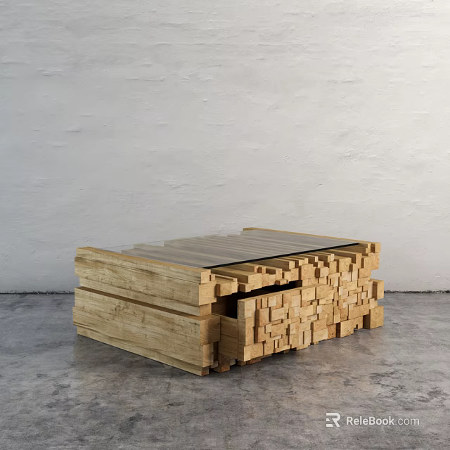 Modern Wooden Coffee Table With Stacked Block Structure And Glass Top Surface 3d model