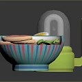 Blue Striped Ramen Bowl With Fried Egg Chashu Pork Vegetables And Green Container