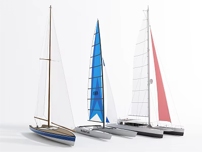 Three Unique Sailboat Models Displaying Colored Sails And Sleek Hulls 3d model