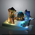 Fantasy Miniature Scene with Tree Stump Structure Vines Dome Hut Blue Glowing Plants Green Leaves