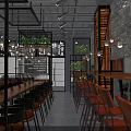 Industrial Restaurant Interior With Stone Wall Pendant Lights Wooden Tables Chairs Staircase And Plants