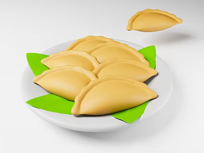 Golden Dumplings Served On White Plate With Green Leaves And Floating Dumpling 3d model