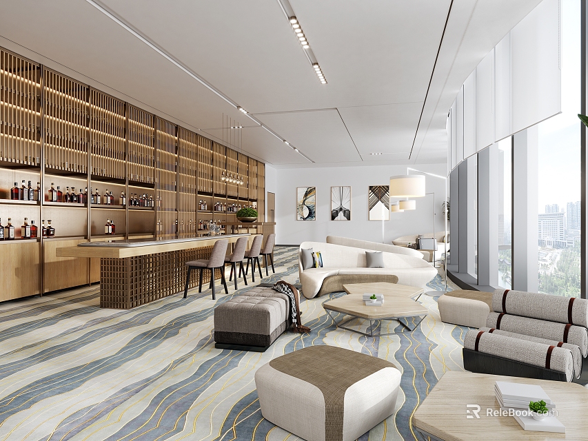 Modern Leisure Area Interior With Comfortable Sofa Coffee Table And Floor-to-Ceiling Windows 3d model 