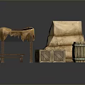 Rustic Daily Living Supplies Including Grass Mat Table Stone Stack Barrel Crates And Benches 3d model